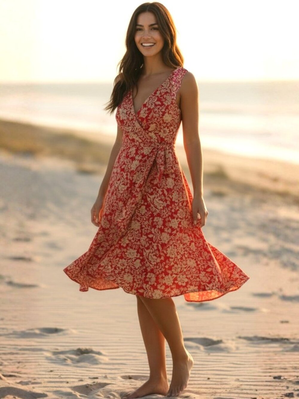 Soprano Dress Size S Red Floral Wrap Knee Length Romantic Summer Dress